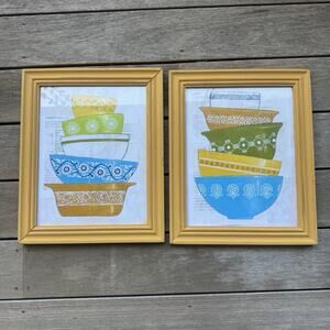 Retro Mixing Bowls Yellow Framed Wall Art Colorful Mid Century Kitchen Decor Set